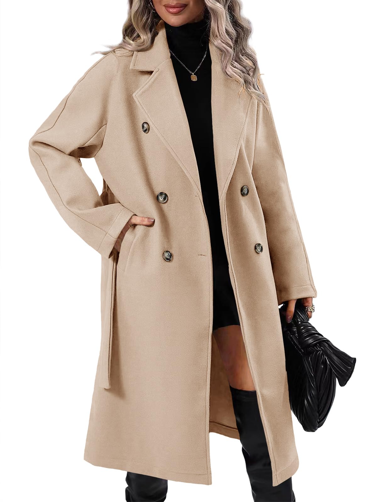 Danedvi Women Elegant Wool Pea Coat Lapel Collar Double Breasted Mid-Long Winter Overcoats with Belted Pockets